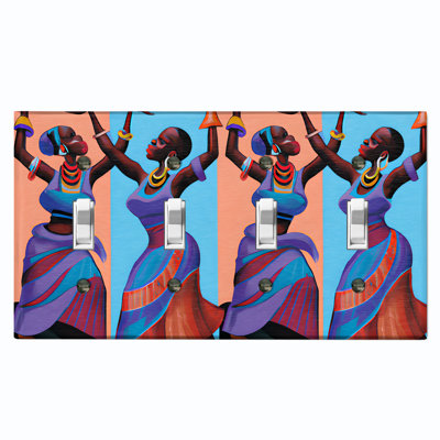 Native African Culture Women Colorful Copper Rust Patina Teal Print 4 - Gang Toggle Light Switch Standard Wall Plate