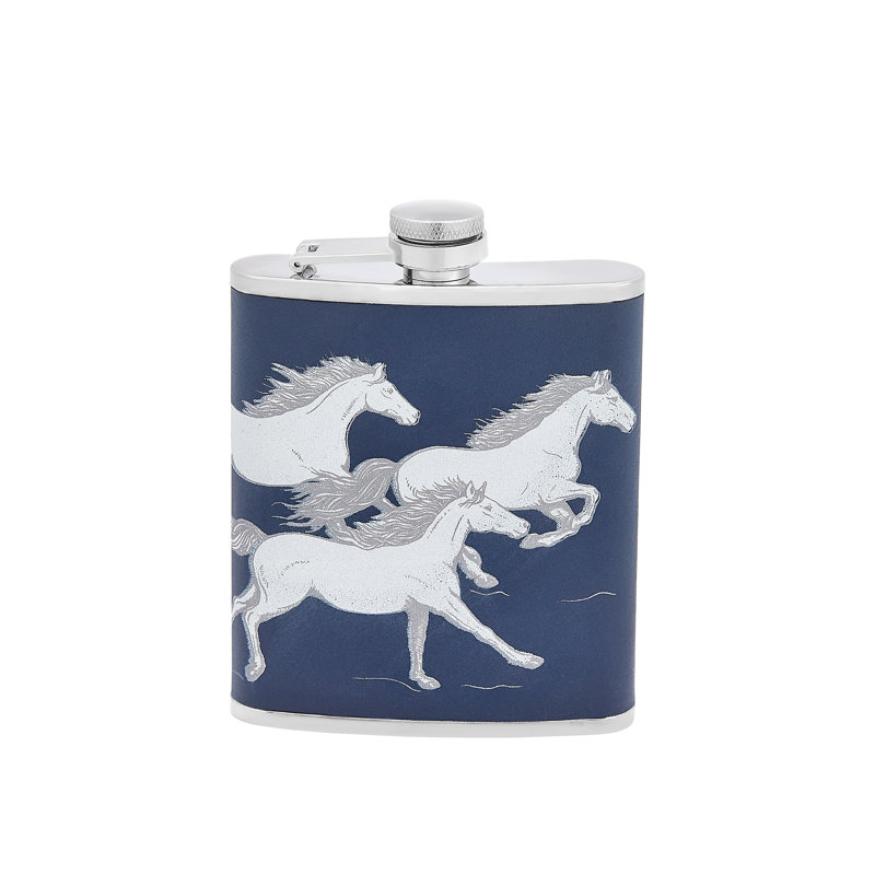 Running Horses Leather Hip Flask, Blue