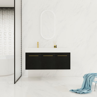 Meuble-lavabo mural 48 po, lavabo en résine épaisse, fini châtaignier noir, charnières de portes, meuble-lavabo mural 48 po, armoire, moderne