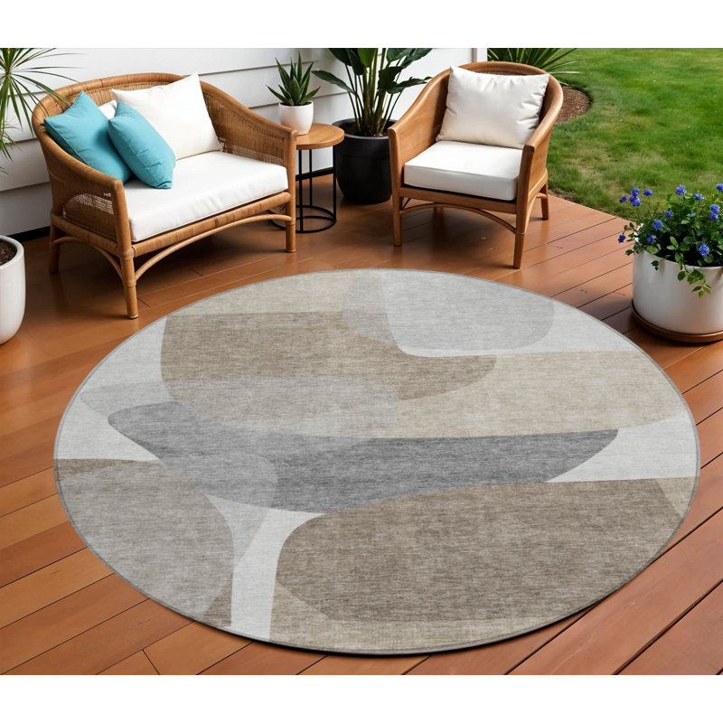 Tapis extérieur rond lavable abstrait taupe et gris 8 '