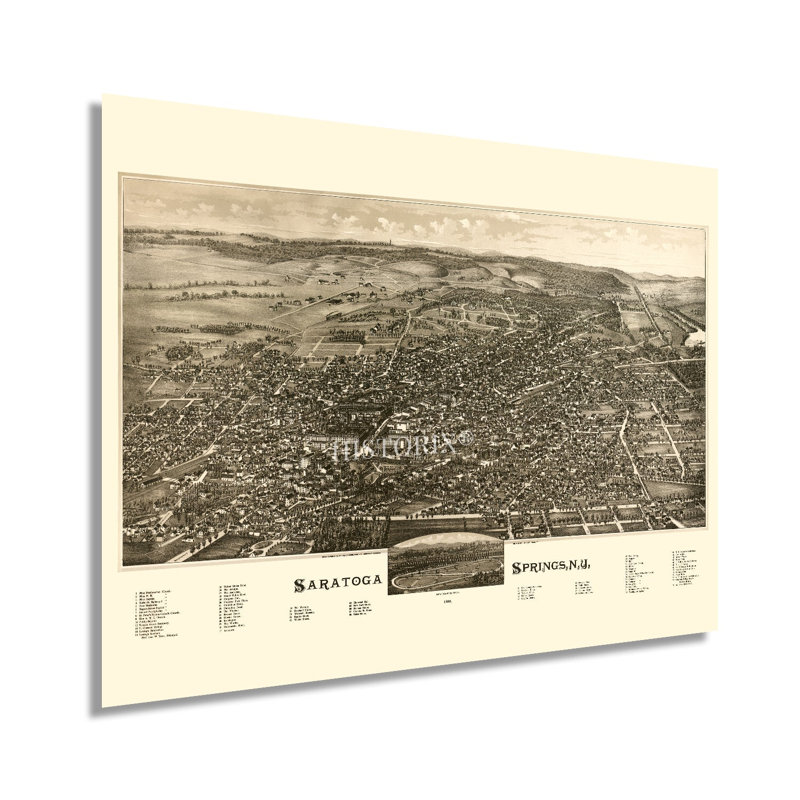 1888 Saratoga Springs, carte de New York sur papier, H 18 po x l 24 po x P 0,01 po