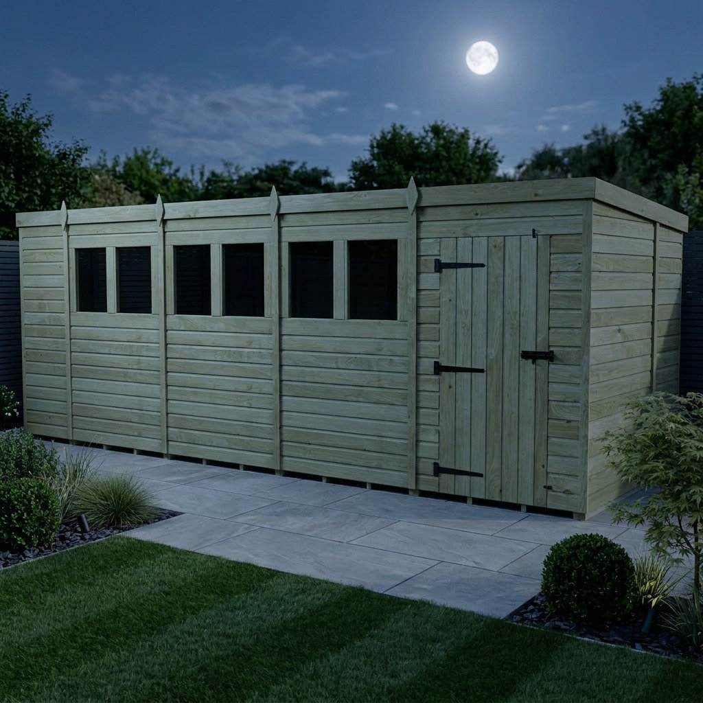 Total Sheds 18ft x 7ft Pent Garden Shed - Single Door - With Windows - Pressure Treated Timber - UK Manufactured