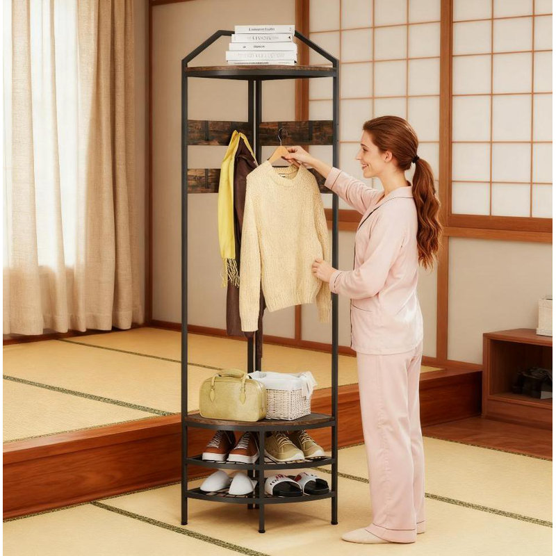 Coat Rack Corner Hall Tree, Industrial 4-Tier Coat Rack With Shoe Storage, 8 Movable Hooks And 2 Shelves