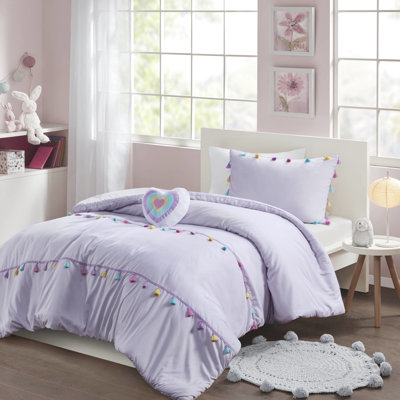 Cute Tassel Comforter With Heart Pillow In Playful Lavender Bedding Full/queen Sweet Tassels And Heart-shaped