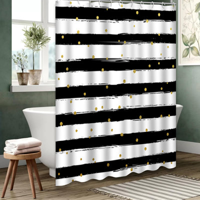 Gold Black White Brush Strokes Shower Curtain with 12 Hooks