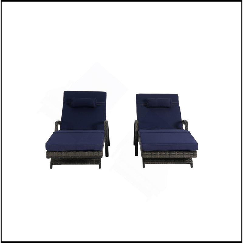 Ensemble de 2 chaises longues d'extérieur en osier avec coussins, chaise longue inclinable en osier, Bleu très foncé