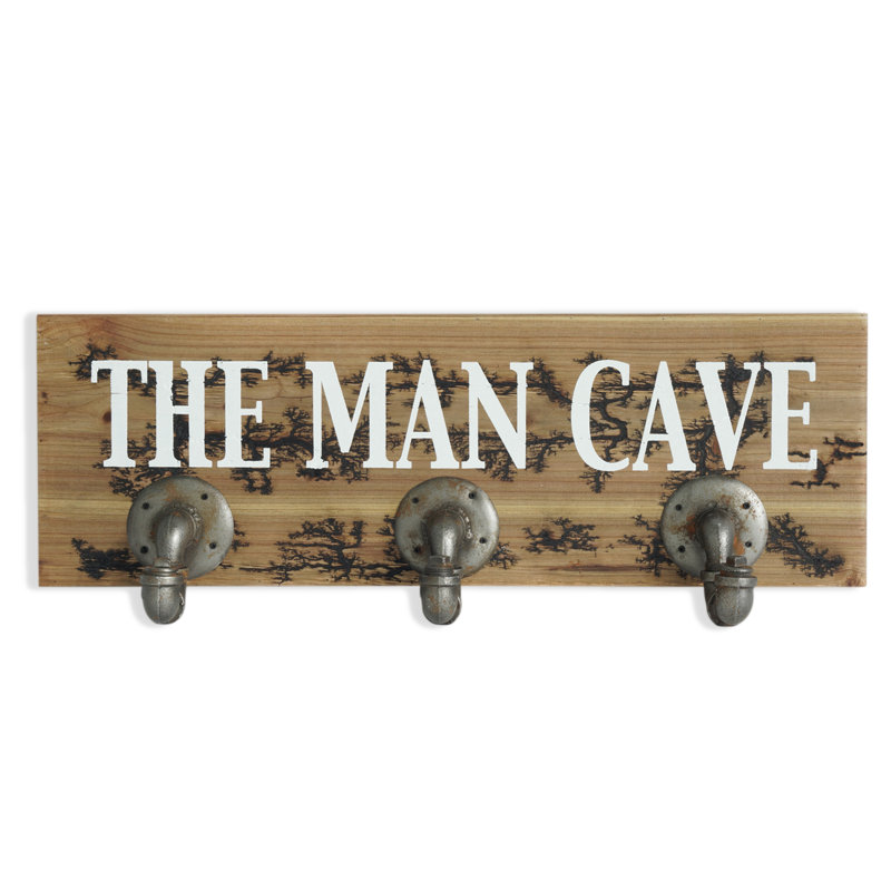 12" X 27" Natural Silver And White Man Cave Metal And Wood Wall Decor With Hooks