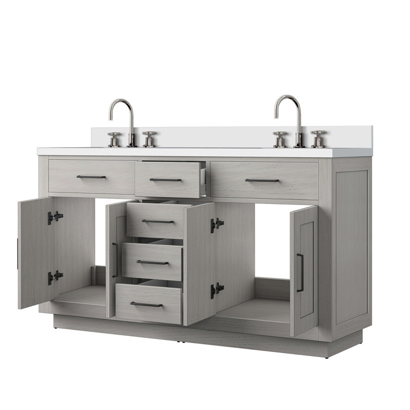 Meuble-lavabo double en chêne blanc 60 po X P 22 po D, dessus en quartz blanc et ensemble de robinet, Chêne blanc