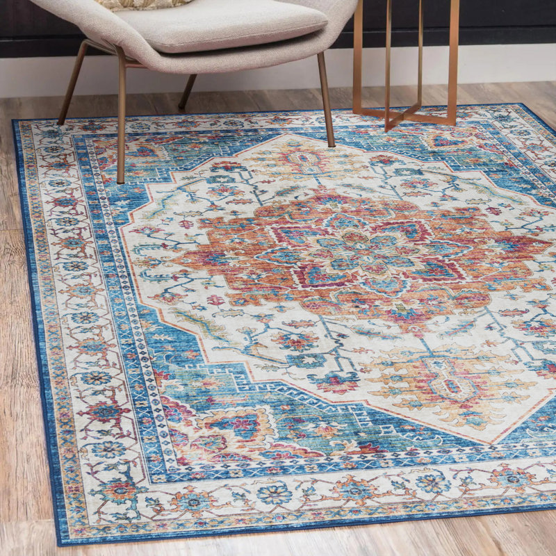 Tapis intérieur bleu et rouge Samira Tiefi, Rectangle 5 pi x 7 pi