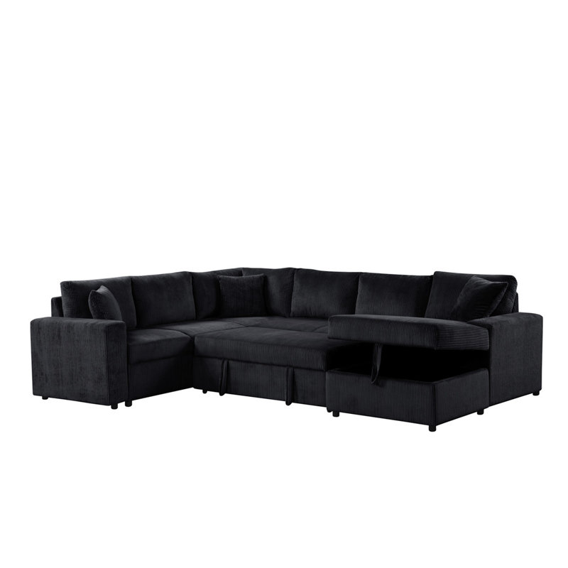 Rinaldo 123"W Black Corduroy Sleeper Sectional Sofa With Right-Facing Storage Chaise And Throw Pillows, Black Corduroy