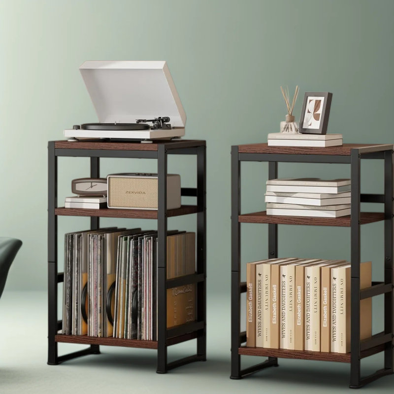 Support pour tourne-disque en vinyle à 3 niveaux avec rangement pour 120 albums, table de bout multifonctionnelle et table d'appoint avec structure en acier robuste