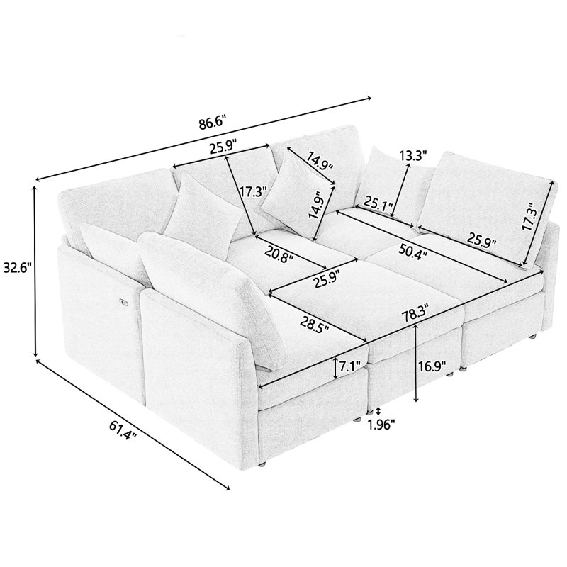 Canapé modulaire convertible avec fonction couchette et chargement USB, repose-pieds mobile, Chenille beige