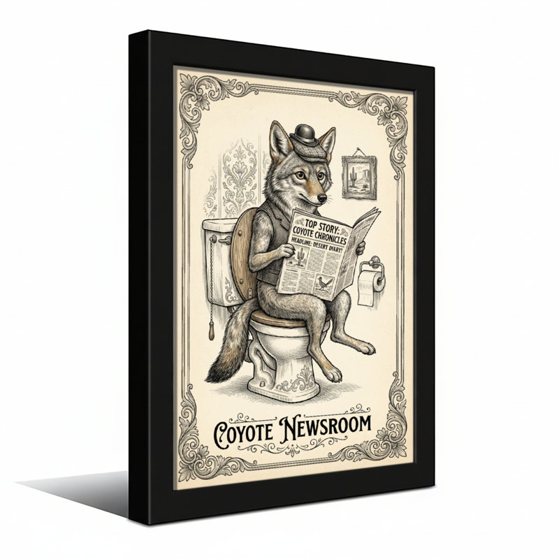 Bath & Laundry Coyote lisant un journal sur une toilette, H 18 po x l 12 po, Toile tendue, Ne s’applique pas