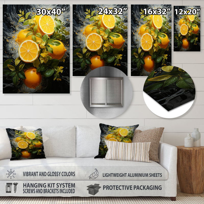 Citron agrume sérénité V - fruits, art mural en métal, H 32 po x l 16 po x P 1 po