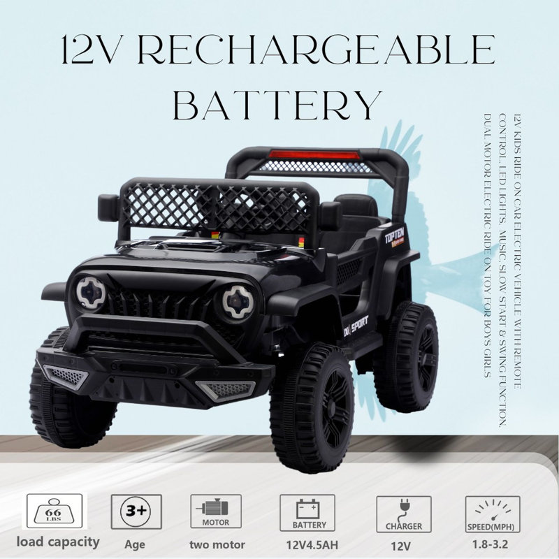 Voiture électrique pour enfants, noire, batterie 12 V 4,5 Ah, deux moteurs 380, portes ouvrantes, marche avant/arrière, lecteur de musique, indicateur de batterie, fonction de balancement, démarrage progressif, phares, feux arrière, télécommande 2,4 GHz