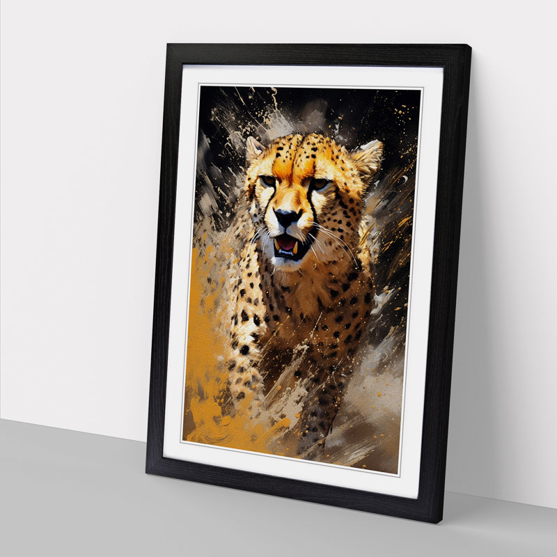 Cheetah Action - Single Picture Frame Print on Wood, 64cm H x 46cm W x 2cm D, Black Framed