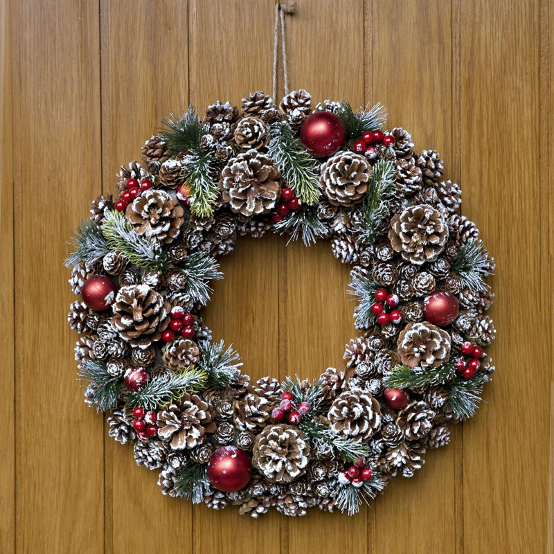 Christmas Hanging Wreath Medium - Festive Pine Cone Display with White Frosting White, 48cm x 48cm