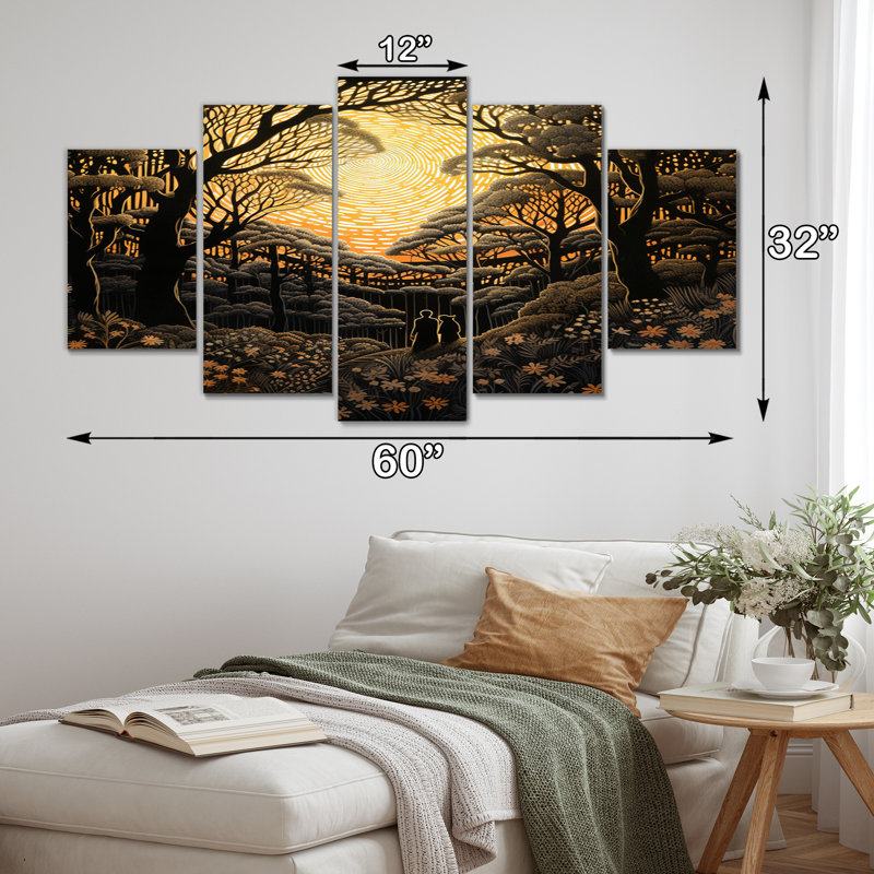 Arbres de pleine lune magiques de campagne - art mural forêt, salon, 5 panneaux