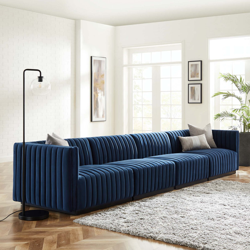 Conjure Channel Tufted Sofa by Modway, Black, Midnight Blue Velvet, 28" H x 155" W x 36.5" D