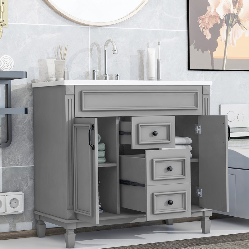 Meuble-lavabo moderne 36 po avec lavabo supérieur, Gris clair