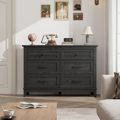 Large commode de rangement à 6 tiroirs, commode autoportante en bois noire de 54 pouces, organisateur de garde-robe de grande capacité pour le salon, la chambre à coucher ou le vestibule