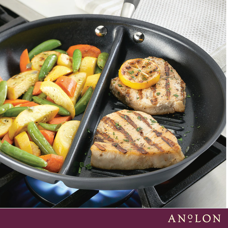 Anolon Advanced Home Hard Anodized Nonstick Divided Grill And Griddle Pan, 12.5 Inch, Black
