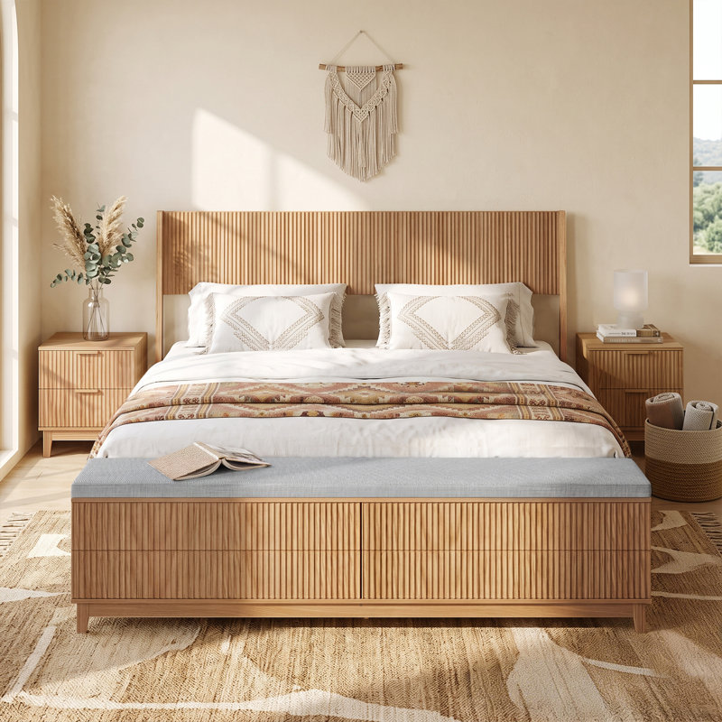 Structure de lit en bois avec banc de rangement intégré au pied de lit, 4 tiroirs, tête de lit couleur chêne, King, Brown