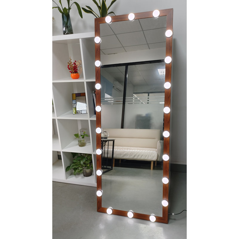 Hollywood Full Length Mirror With Lights Full Body Vanity Mirror With 3 Color Modes Wall Lighted  Standing Floor Mirror For Dressing Room Bedroom Hotel Touch Control Walnut 62.6"X23.3"