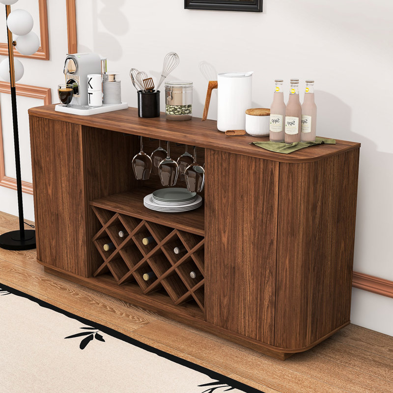 Buffet moderne avec porte-verres, porte-bouteilles et tablettes réglables, Noyer