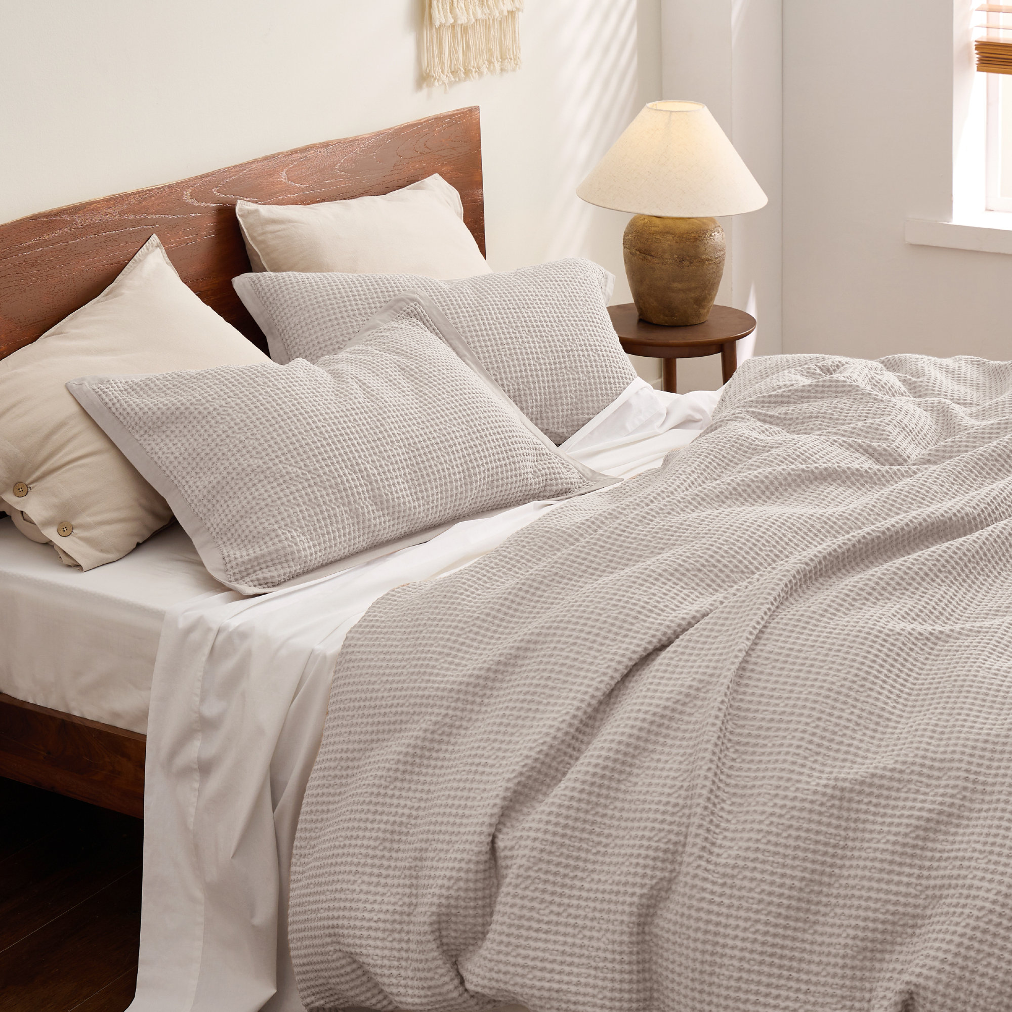 Bedsure Luxury Soft 100% Cotton Waffle Weave Plaid Duvet Cover, Khaki, Queen Duvet Cover + 2 Standard Shams