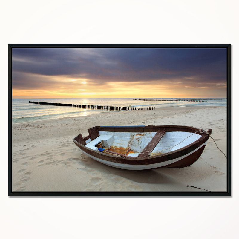 «Boat on Beautiful Sunrise Seashore», reproduction de photo sur toile tendue encadrée, H 16 po x l 32 po x P 1 po, Cadre noir