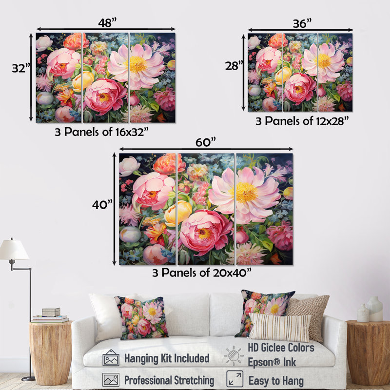 Fleurs roses printanières - fleurs sauvages, H 28 po x l 36 po x P 1 po, Toile tendue