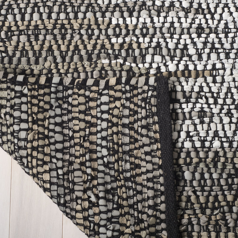 Phillis Vintage Leather Hand Woven Leather/Cotton Geometric Rug in Regular Gray, Round 4'