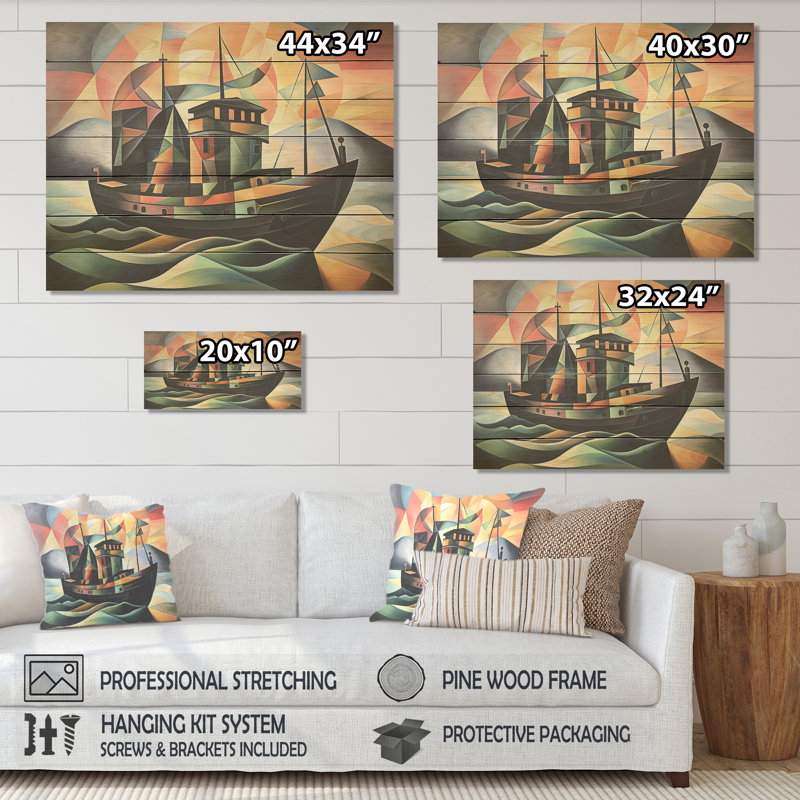 Bateau de croisière cubiste - Bateau côtier sur bois, H 10 po x l 20 po x P 0,78 po