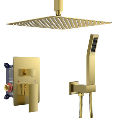 12 In Rainfall Shower System - Ceiling Mount, Rain Shower Heads With Handheld Spray Combo, Thermostatic Shower Faucet Set Complete Shower Trim Kit With Rough-In Valve