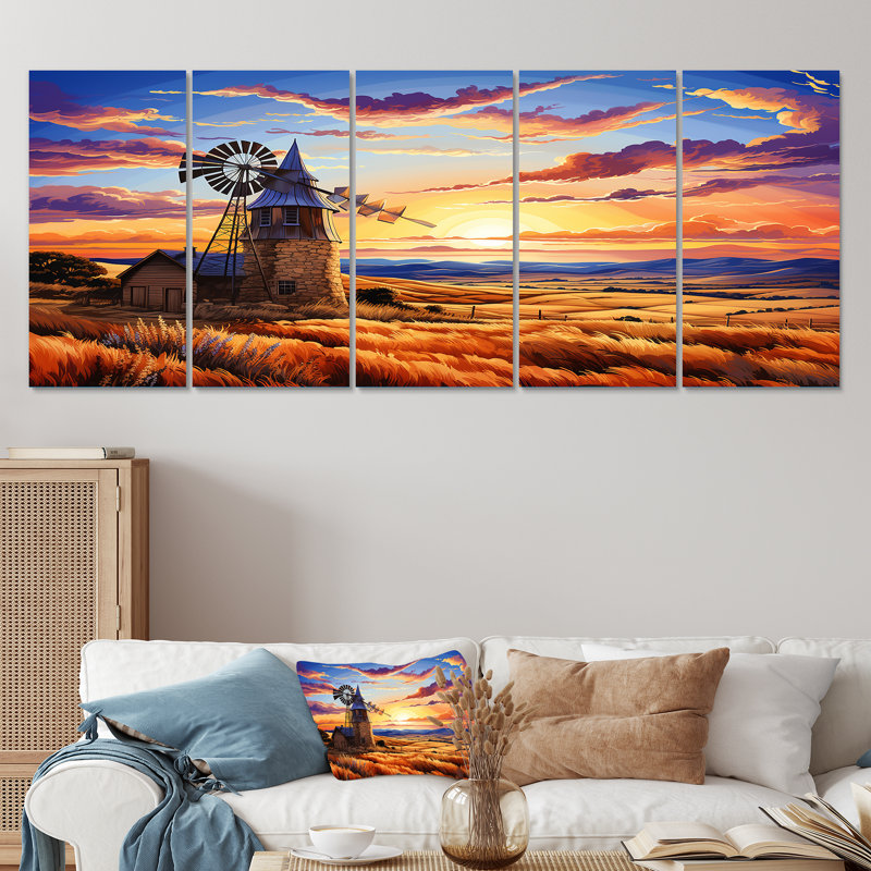 Windmill Evening Glow Meadows - Wind Turbines, art mural sur toile 5 pièces, H 28 po x l 60 po