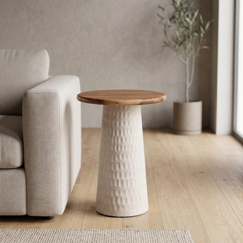Hand-Carved Solid Wood Accent Round Top End Table, White