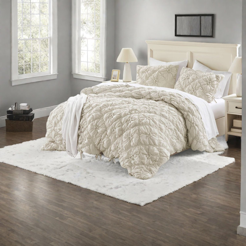 Ivory Microfiber Bedding Sets, Textured Floral Design For All Seasons