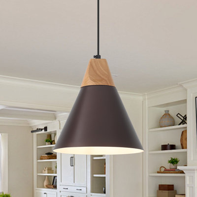 1-Light 9.4“ Wide Single Cone Kitchen Island Pendant Light with Wood Accents for Dinning Room Aisle