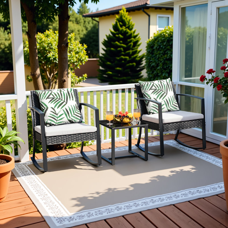 2-person Outdoor Resin Rocking Chair Set With Tempered Glass Table & Cushions, Dining Set For Outdoor Living, White