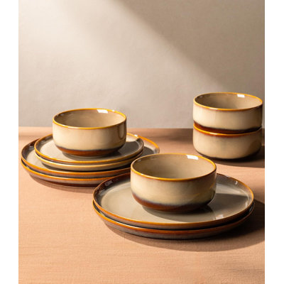 Ceramic Dinnerware Sets for 4, 12 Pieces Handmade Reactive Glaze Plates and Bowls Set, Scratch Resistant Dish Set, Oven & Microwave & Dishwasher Safe, Creamy Amber