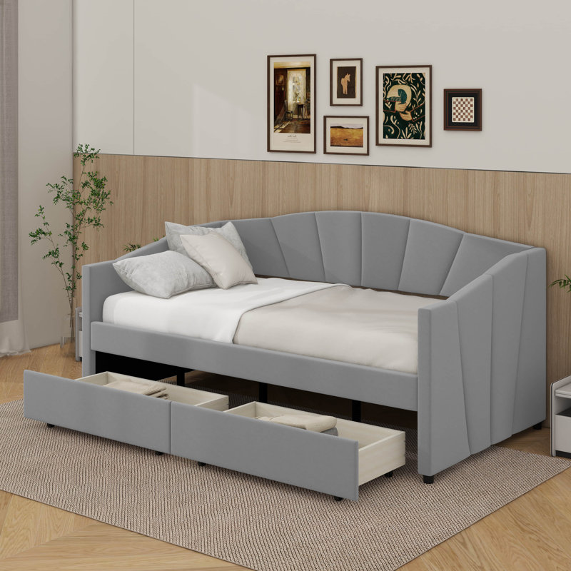 Twin Size Upholstered Daybed With Wood Slat And Two Drawers, Gray