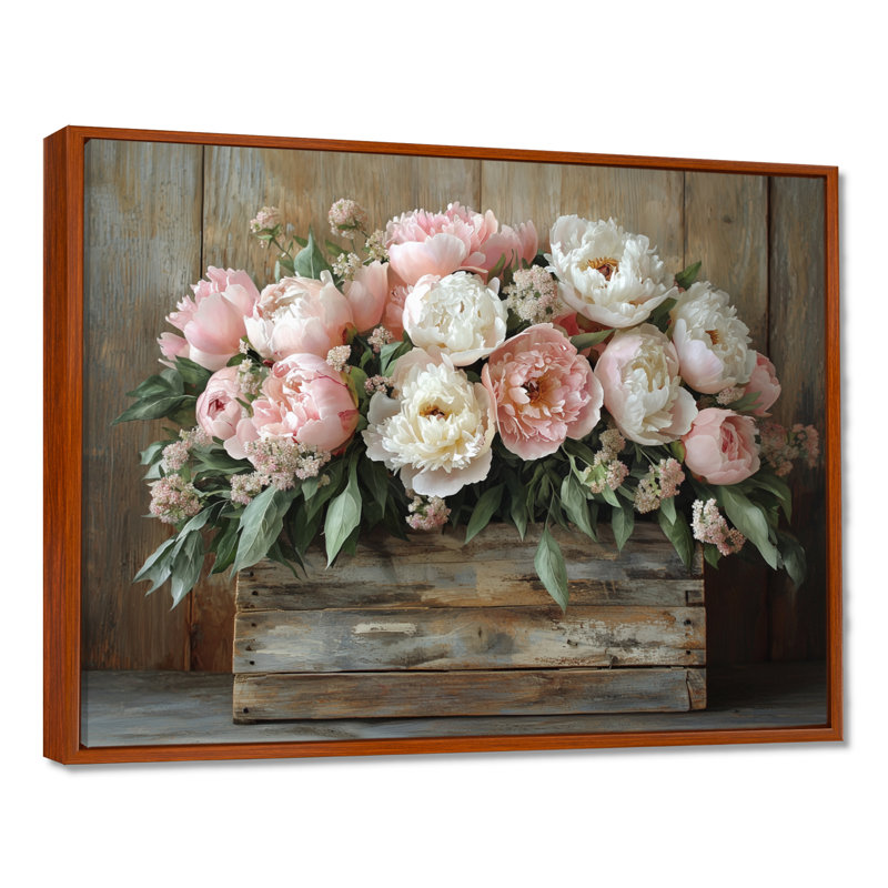"Farmhouse Chic Bouquet II" - pivoines, reproduction d'art sur toile encadrée, H 30 po x l 40 po, Brun