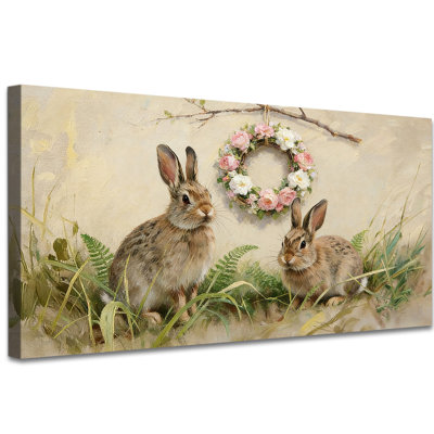 Large Easter Rabbit Spring Canvas Wall Art, Bunny and Floral Wreath Painting Poster, Vintage Rabbit Picture Prints for Nursery, Living Room, Easter Christian Home Decor, Ready to Hang, 24×48 Inches