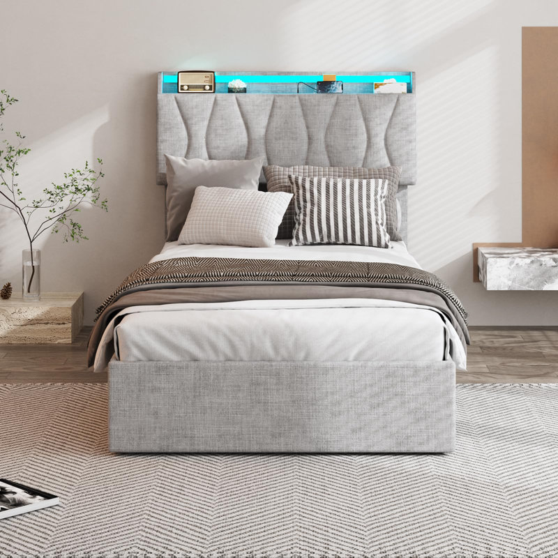 Lit plateforme tapissier Helmgard, Gris clair, Lit simple