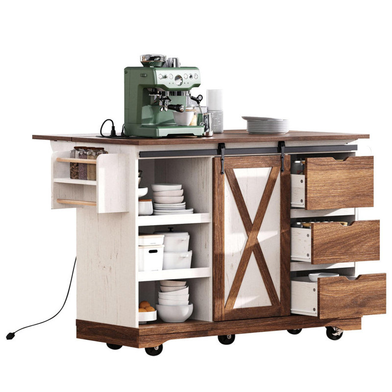 Farmhouse Kitchen Island with Drop Leaf | Barn Door Storage, Power Outlet & Wheeled Rolling Cart w/ Spice Rack – for Kitchen/Dining Room