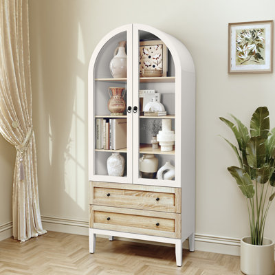 70'' Tall Arched Pantry Cabinet With Doors, Wood Bookcase With 2 Large Drawers and Adjustable Shelves