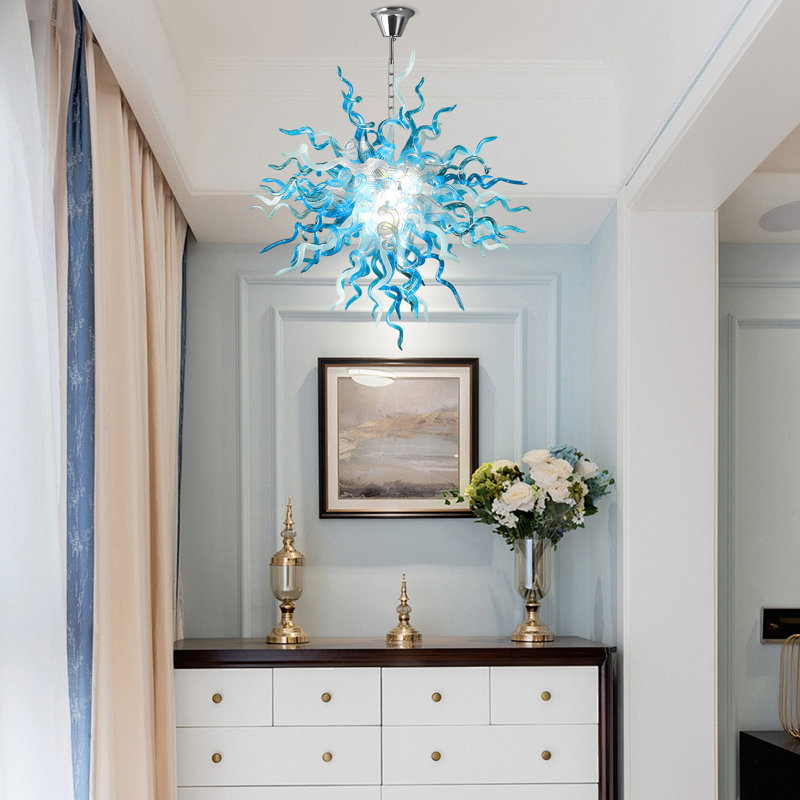 Lustre bleu en verre soufflé à la main avec cadre semi-encastré moderne gris et blanc, H 24 po x l 24 po x P 24 po