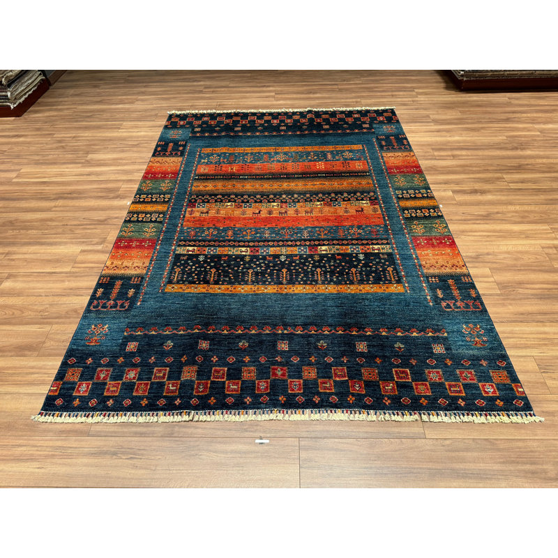 Tapis bleu original en laine et coton noué à la main