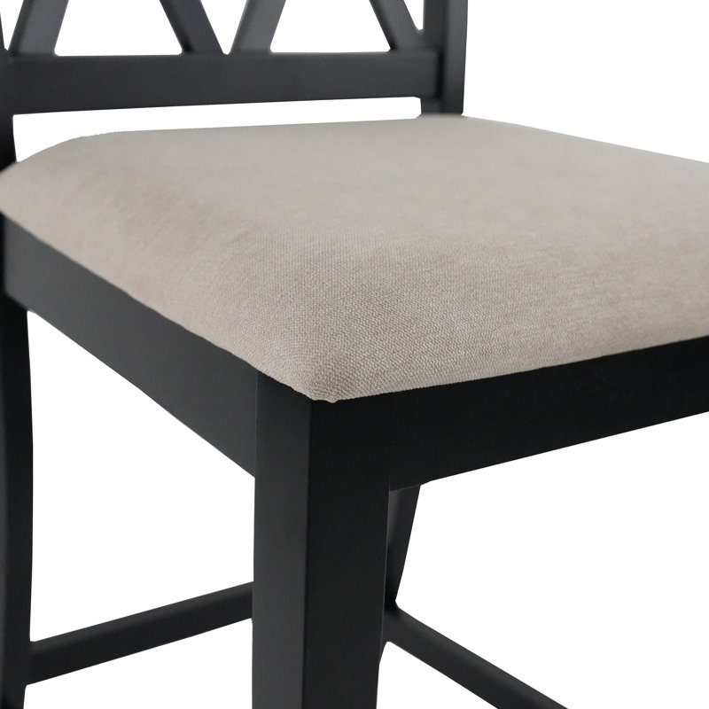 X-Back Solid Wood Fabric Upholstered Bar & Counter Stool With Footrest, Beige Seat/Black Frame